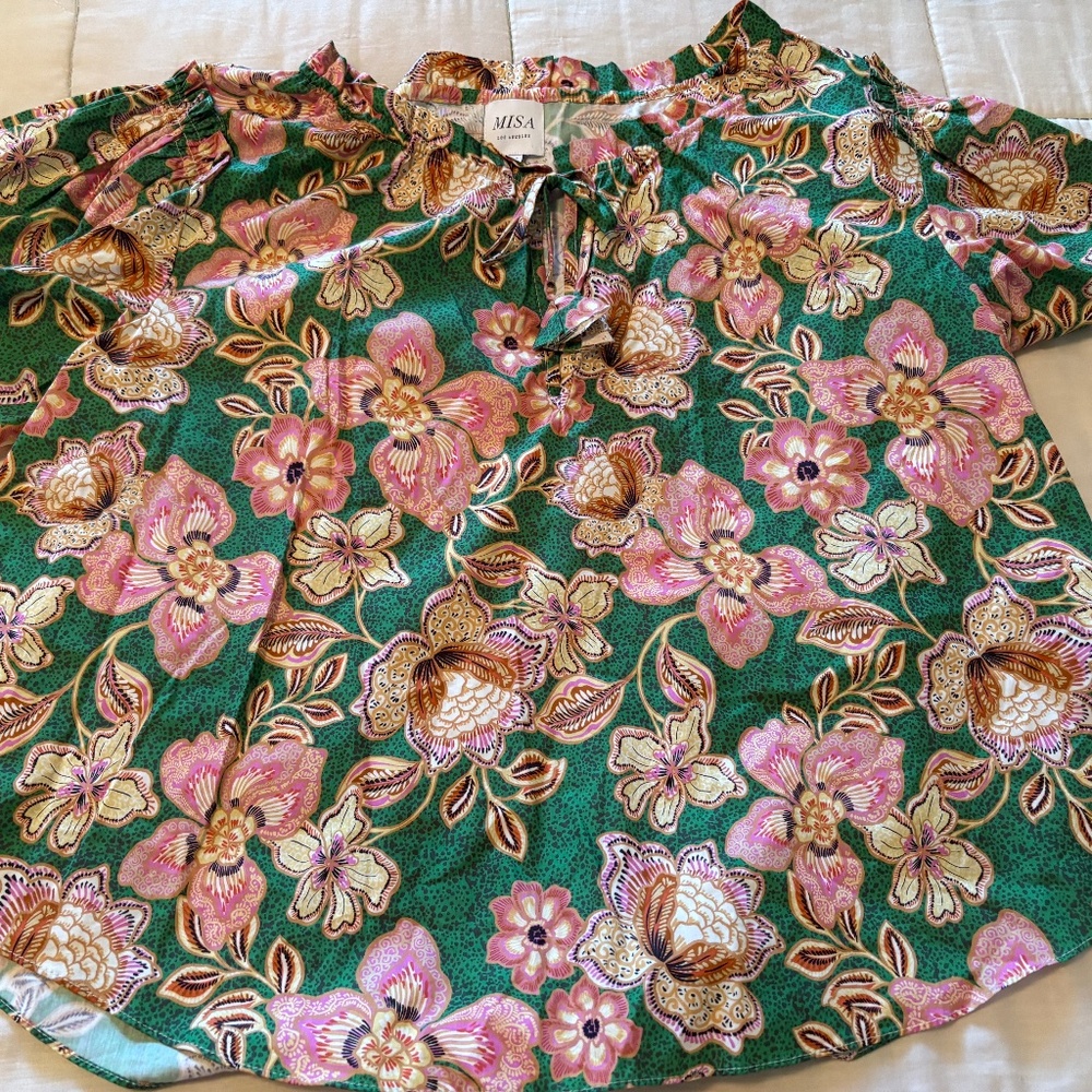 Misa Los Angeles Womens Suparna Green Floral Print Top Size XL